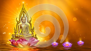 Buddha statue water lotus Buddha standing on lotus flower on orange background