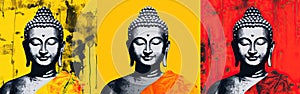 Buddha statue on yellow-red backdrop