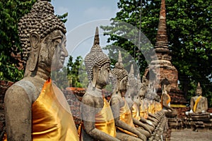 Buddha statues alignment at Wat Yai Chai Mongkhon temple, Ayutthaya, Chao Phraya Basin, Central Thailand, Thailand