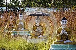 Buddha statues at the Bodhi Ta Htaung, the religious center, Mon