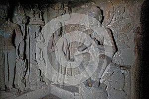 Buddha statues in cave temple hinyana Pandav caves first century BC photo