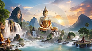 Buddha statues in serene contemplation amidst the awe inspiring backdrop of majestic mountains, their forms bathed in the gentle