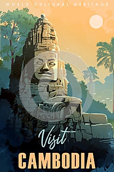 Buddha Temple in Angkor Wat, Cambodia. Vintage travel poster.