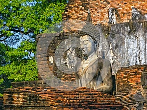 Buddha at Wat Mahathat temple in Sukhothai historical park, UNESCO World Heritage Site, Thailand