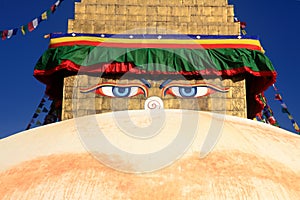 Buddha wisdom eyes of Boudhanath Stupa in Kathmandu, Nepal.