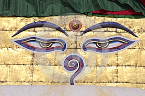 Buddha wisdom eyes on stupa of Nepal temple
