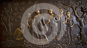 Buddha wooden carving.Mural paintings tell the story about the Buddha`s