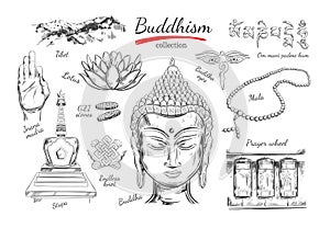 Buddhism collection. Spirituality,Yoga . Vector hand drawn illustration. Sketch style. Ritual objects with Buddha head