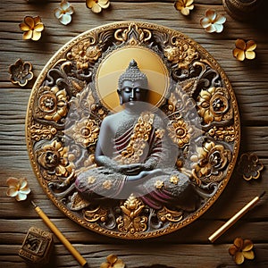 Buddhism concept image. Buddha statue on rustic wooden table