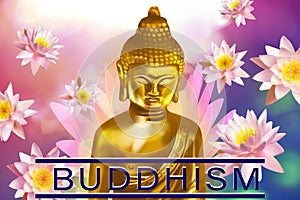 Buddhism. Golden Buddha figure surrounded by lotus flowers on bright background