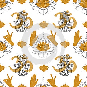 Buddhism loutus flower with line and gold seamless pattern