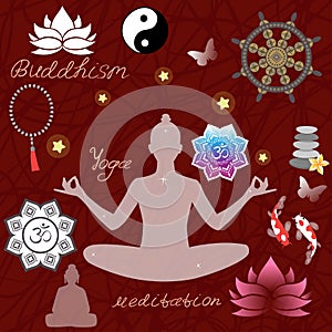 Buddhism religion design with holy symbols, . Woman in lotus position, koi carp, rosary