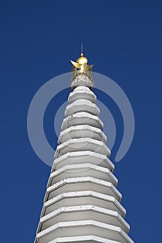 Buddhism religion symbol. Buddhist sanctuary peace stupa. Buddha memorial monument. Historical landscape building.