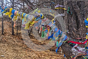 Buddhism symbol - ritual shaman pillars on Olkhon