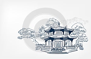 Buddhism temple card nature landscape view landscape card vector sketch illustration japanese chinese oriental line art