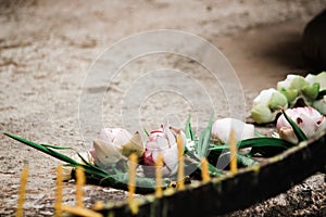 Buddhism use Buddha oblation Lotus flower,incense sticks and candle to worship Buddha statue.