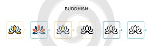 Buddhism vector icon in 6 different modern styles. Black, two colored buddhism icons designed in filled, outline, line and stroke