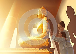 Auntie is guiding her granddaughter to gild the gold leaf on buddha statue and teaching her about ancient Thai idiom of gilding photo