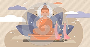 Buddhism vector illustration. Tiny karma religion symbol persons concept.