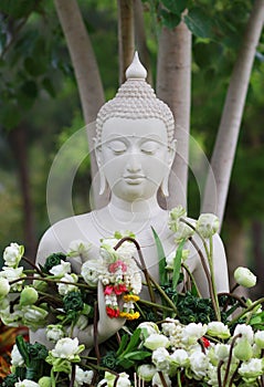 Buddhism worship with offering flowers and garland to buddha statue
