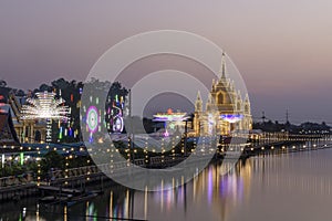 Buddhist ceremonies, temples, evening lighting and decorative lights at Buddhist temples