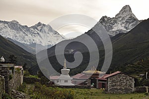 Buddhist Chorten and Tengboche monastery from Himalaya. Nepal