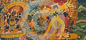 Buddhist colorful art on the walls of Hemis Monastery, Ladakh