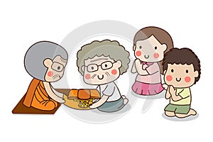 Buddhist elderly woman and children offering robes with white background