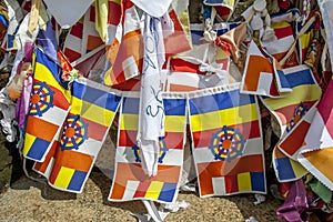 Buddhist flags stamped with the Dharma Wheel at Anuradhapura in Sri Lanka.