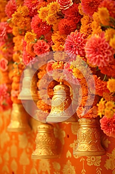 Buddhist golden bell hanging on festival background with orange marigold flowers. Ritual hand bell in Buddhist temple