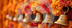 Buddhist golden bell hanging on festival background with orange marigold flowers. Ritual hand bell in Buddhist temple