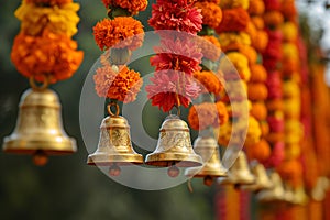 Buddhist golden bell hanging on festival background with orange marigold flowers. Ritual hand bell in Buddhist temple