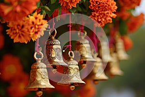 Buddhist golden bell hanging on festival background with orange marigold flowers. Ritual hand bell in Buddhist temple