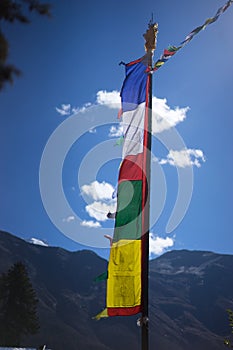 Buddhist gompa and prayer flags in the Himalaya mountains, Annapurna region, Nepal