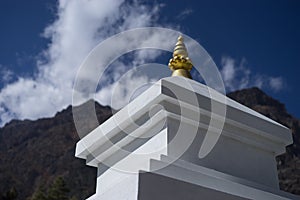 Buddhist gompa and prayer flags in the Himalaya mountains, Annapurna region, Nepal