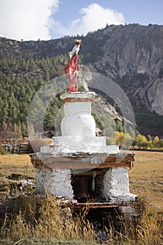 Buddhist gompa and prayer flags in the Himalaya mountains, Annapurna region, Nepal