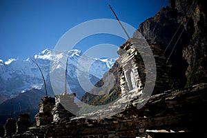 Buddhist gompa and prayer flags in the Himalaya mountains, Annapurna region, Nepal