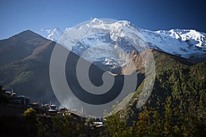 Buddhist gompa and prayer flags in the Himalaya range, Annapurna region, Nepal