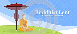 Buddhist lent day, With the peace in your mind text - the monk meditated on floor glass and monk umbrella on blue texture