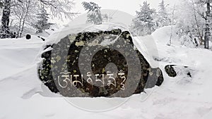 Buddhist mantra. Large stone with inscription on Tibetan - Om mani padme hum. Kachkanar mountain, Ural, Russia