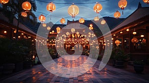 Buddhist Monastery Courtyard With Hanging Lanterns at Dusk photo
