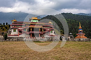 Buddhist monastery at himalayan mountain foothills at evening from unique perspective
