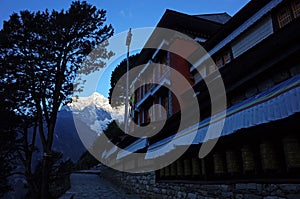 Buddhist monastery in Namche Bazaar village early in morning, Himalayas, Nepal