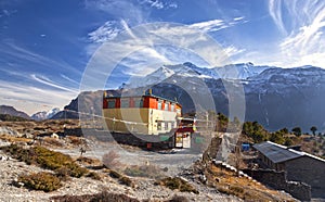 Buddhist Monastery Snowcapped Annapurna Mountain Range Landscape Nepal Himalaya