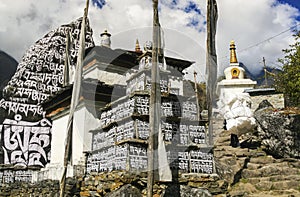 Buddhist Monastery Stupa Prayer Flags Nepal Village Himalaya Mountains