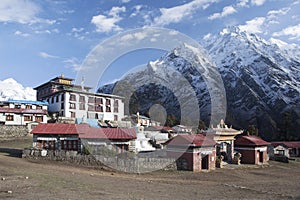 Buddhist Monastery in Tengboche Village with Himalayas Mountains on Background