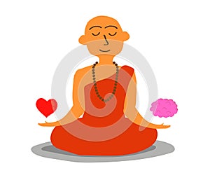 Buddhist monk balances between heart and brain.