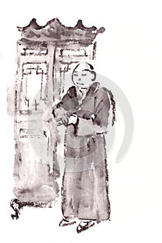 Buddhist monk black and white ink drawing