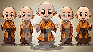 Buddhist monk cartoon character in different poses. Vector illustration