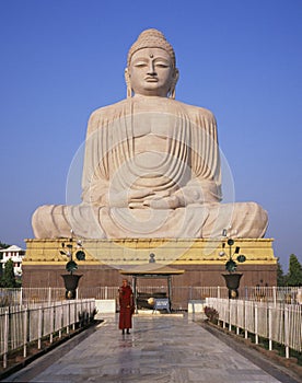 Bodhgaya, India, Buddhist Monk and 80 foot Buddha Statue